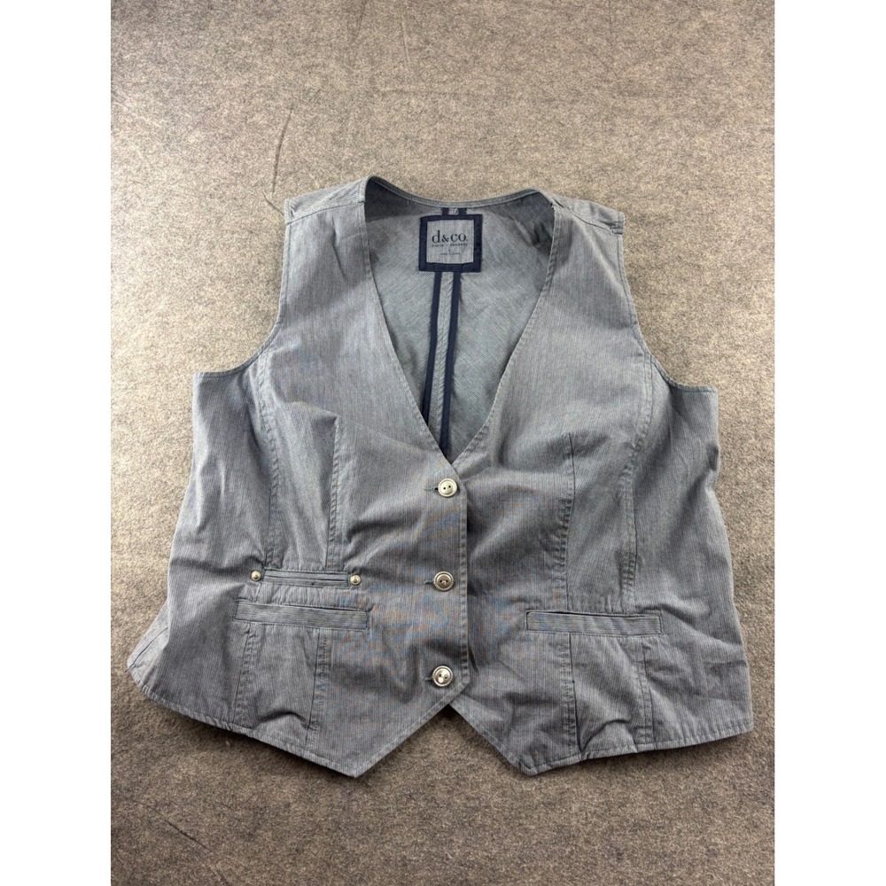 Denim & Co. Womens L Blue Textured Button Front Cinch Back Vest Preppy Western